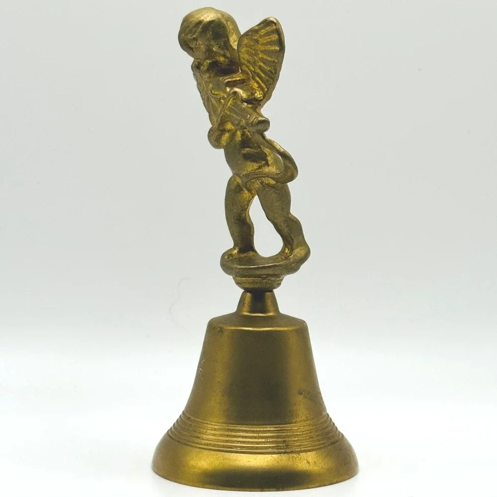 Vintage‎ Brass Cherub Angel Bell Violin Player Hand Bell Cupid Figurine Decor